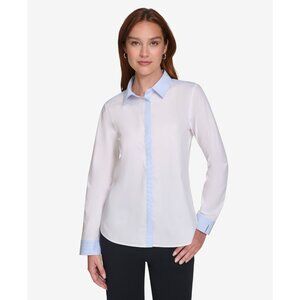 Calvin Klein Women's Cotton Striped-Edge Blouse White Gray Size L MSRP $99